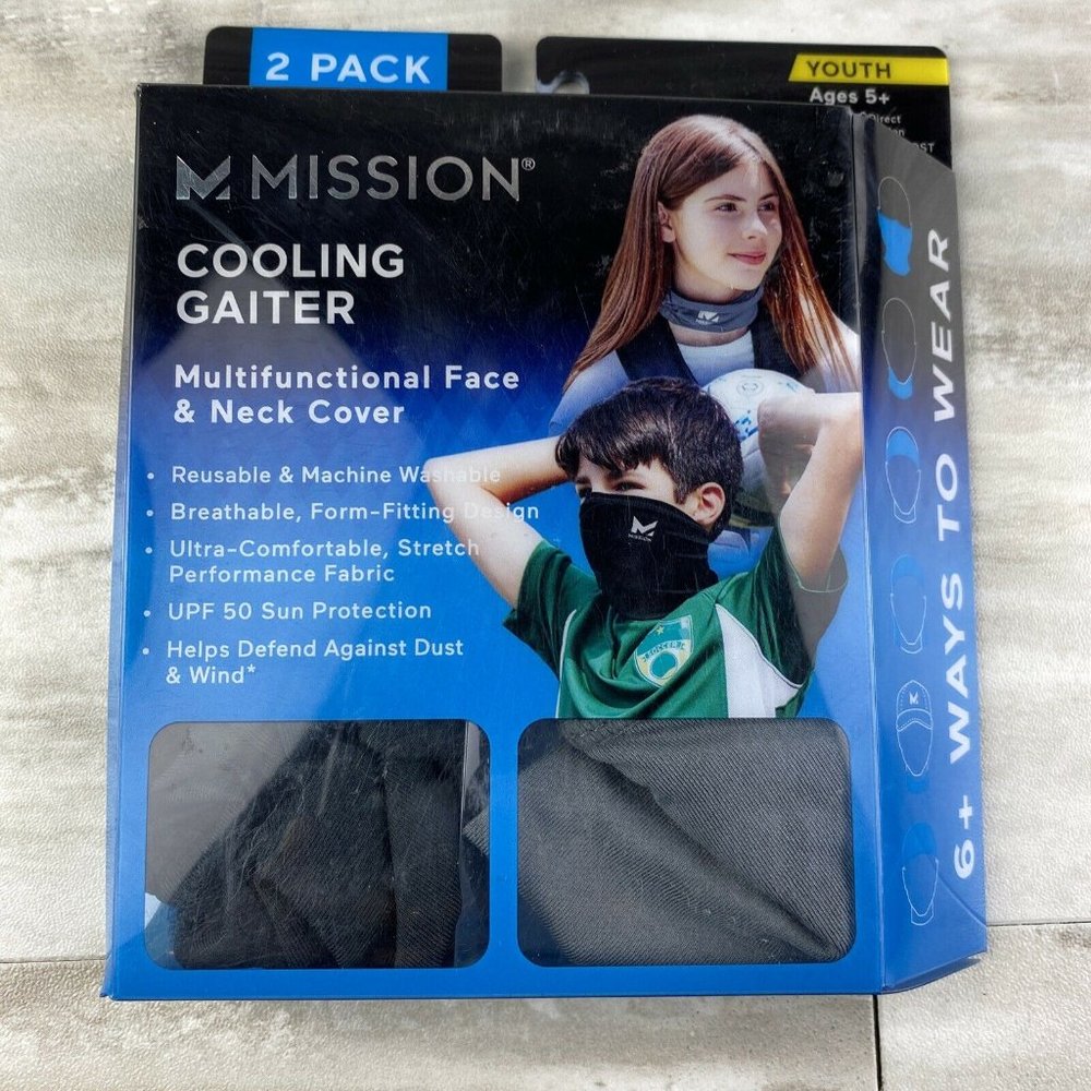Mission Cooling Neck Gaiter Face/Neck Covers - 2 pack - Age 5+ Grey/Black